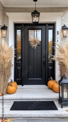 Charming autumn entrance with pumpkins, lanterns, and decorative grasses in a...