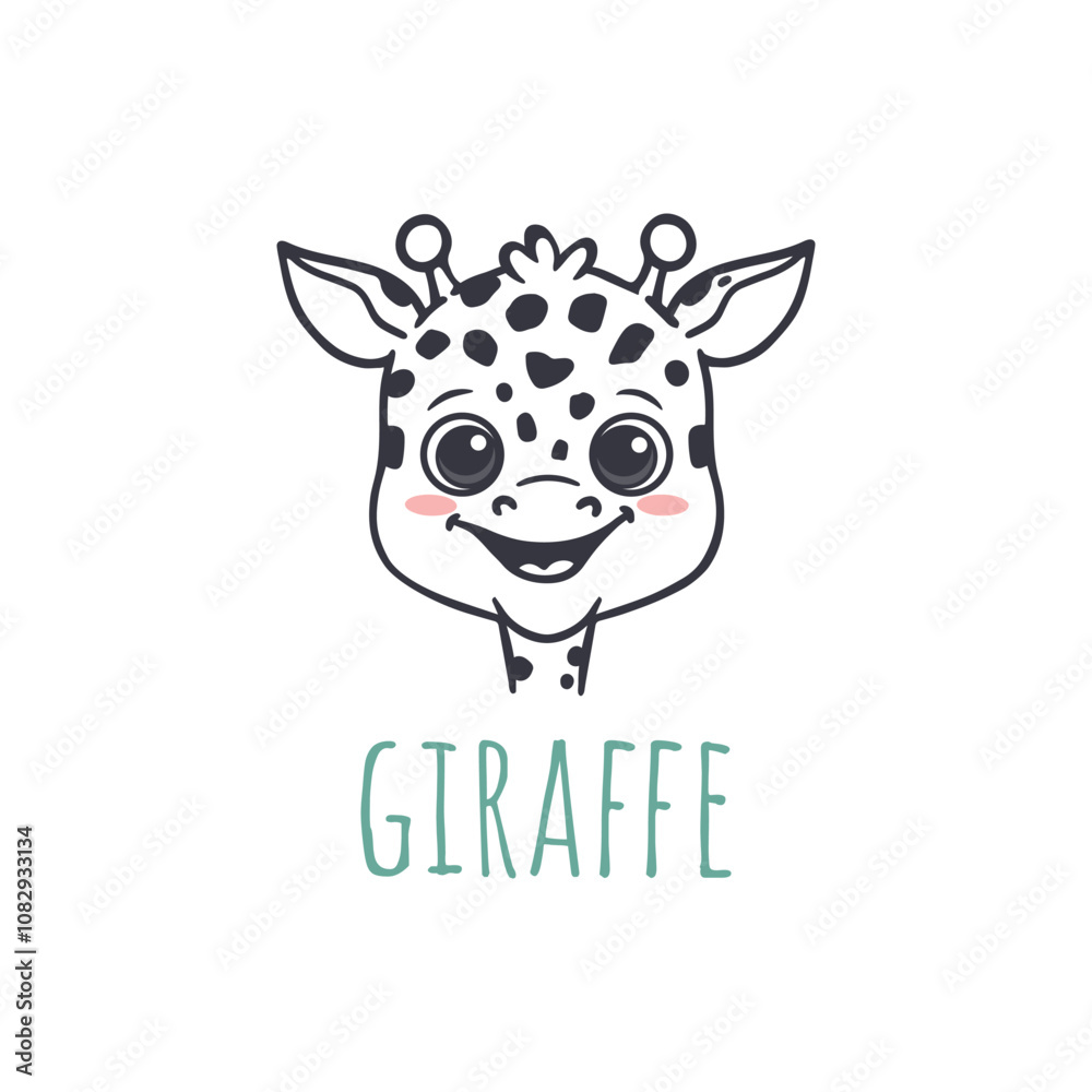 Obraz premium Cute cartoon giraffe isolated on white. Animal in doodle style. Illustration of giraffe head for cards, magazins, banners, coloring pages. Vector