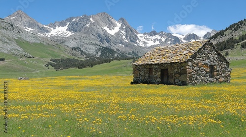 A stone cabin surrounded by vibrant wildflowers and mountains under a clear blue sky.