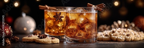 Festive cocktails with holiday decorations and spices served on a dark table