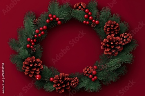 Festive Christmas wreath made of pine branches, pine cones, and red berries on a red background.