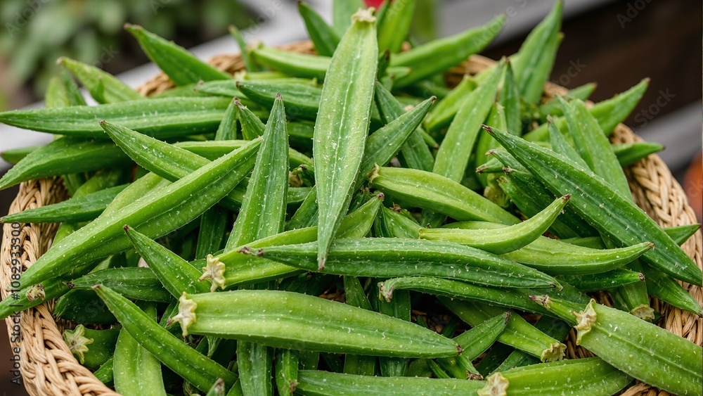 Freshly picked okra pods in a rustic basket showcasing vibrant green colors Freshly picked okra pods in a rustic basket showcasing vibrant green colors