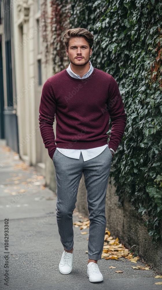Man in a maroon sweater and gray trousers walking confidently along an ivy covered street Man in a maroon sweater and gray trousers walking confidently along an ivy covered street