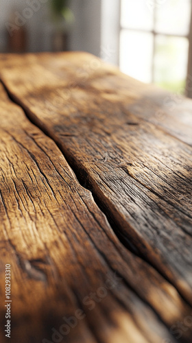 Close-up. Rustic old wooden plank table with sunlight in the kitchen.