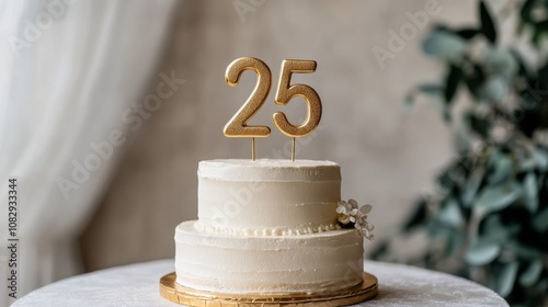 Elegant wedding cake with leafy decorations and a golden 25 topper at a celeb...