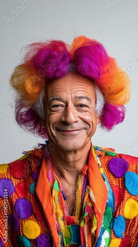 Brightly dressed performer with colorful hair smiles cheerfully in a playful ...