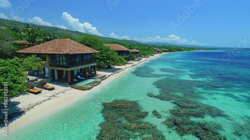 A stunning beachside resort with clear turquoise waters and lush greenery under a blue sky.