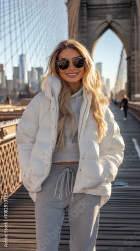 Woman walks confidently on Brooklyn Bridge wearing casual winter attire durin...