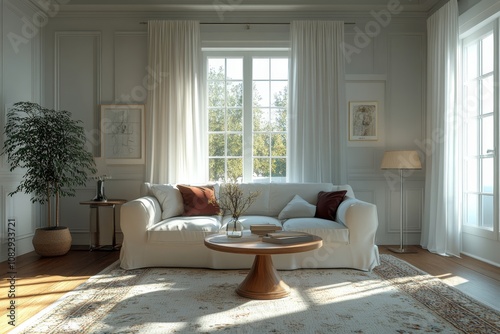 Bright and inviting living room with large windows and cozy furnishings in a ...