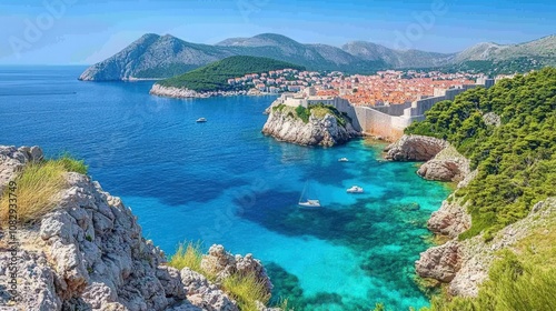 A stunning coastal view featuring clear blue waters, rocky cliffs, and a historic town backdrop.