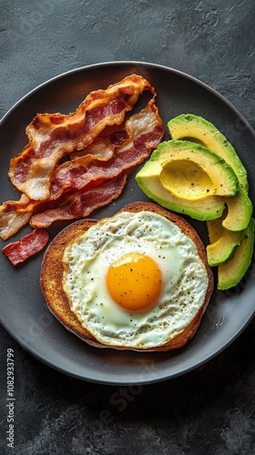 Delicious breakfast featuring avocado toast with eggs and crispy bacon on a d...