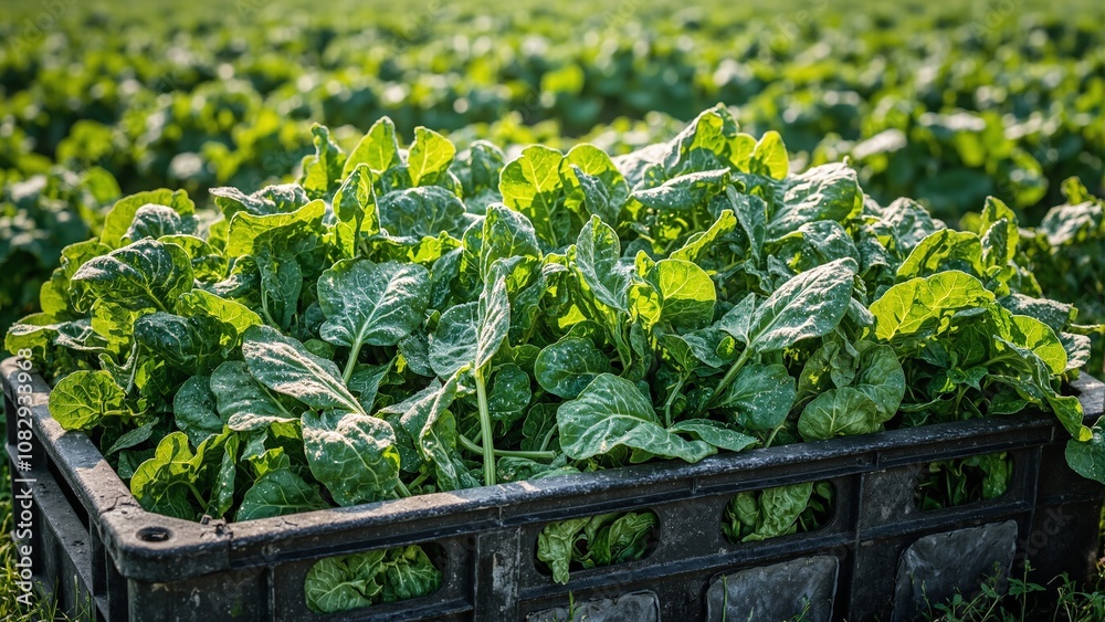 Freshly harvested spinach leaves in a crate with glistening dew under sunlight in a spinach field Freshly harvested spinach leaves in a crate with glistening dew under sunlight in a spinach field