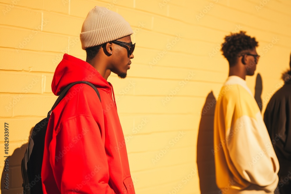 Three friends enjoying a warm afternoon while sightseeing in a quiet city street with minimalistic background Three friends enjoying a warm afternoon while sightseeing in a quiet city street with minimalistic background