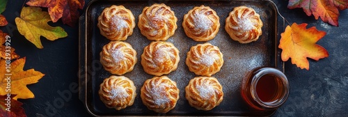 Freshly baked pastries arranged on a rustic wooden table surrounded by autumn...