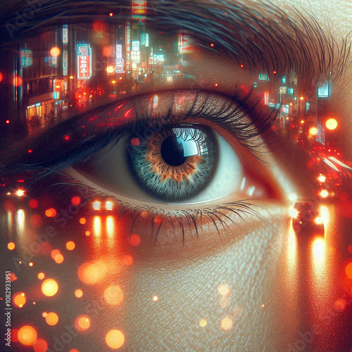 Close-up of eyes reflecting neon signs and city lights, sparks and paths