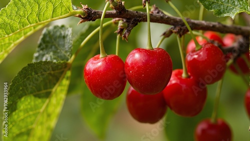 Vibrant red cherries hanging from tree branch sunlight reflecting off glossy skin