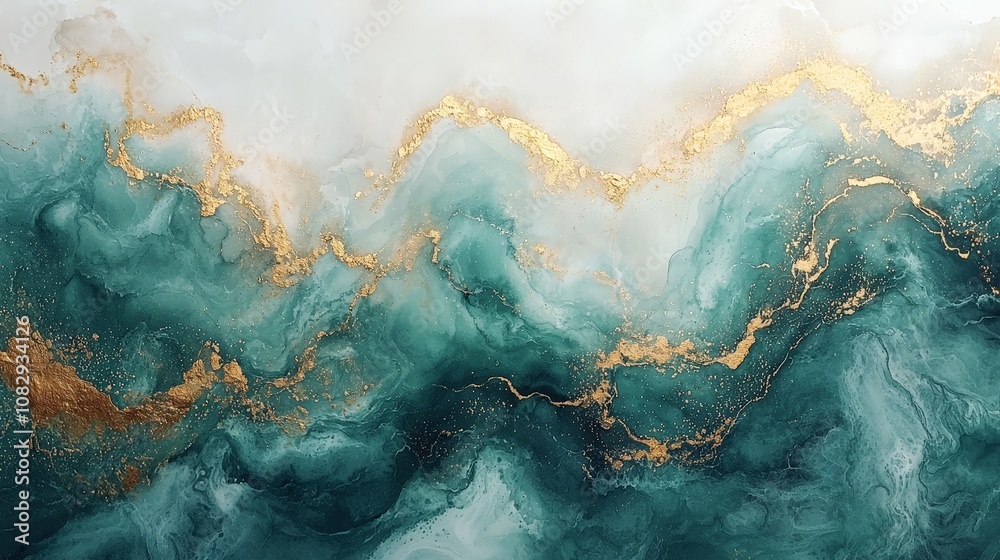 Abstract artwork featuring teal waves with gold accents, evoking a sense of calm and luxury.
