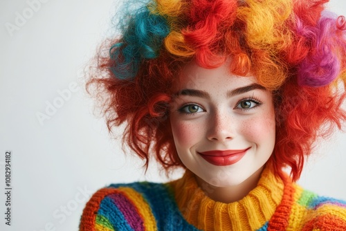 A young woman with colorful hair and bright makeup smiles cheerfully in a stu...