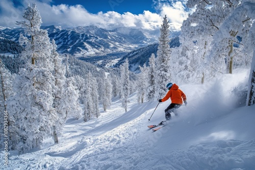 Skiing down a beautiful snowy slope in the mountains during a bright winter day