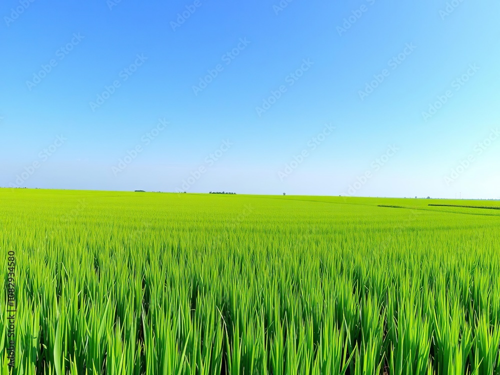 A lush green rice paddy field stretches out into the horizon under the clear blue sky, agriculture, harvest A lush green rice paddy field stretches out into the horizon under the clear blue sky, agriculture, harvest
