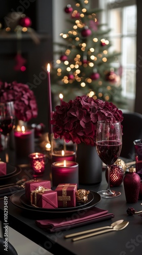 Elegant winter dining setup with purple accents and holiday decorations by a ...