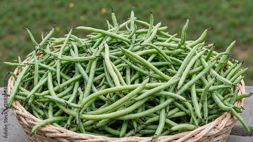 Freshly picked green beans in a basket in a lush field Freshly picked green beans in a basket in a lush field