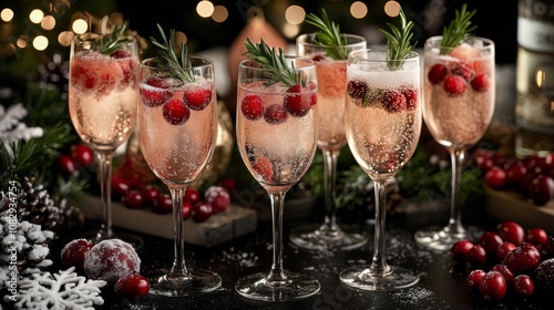 Celebration drinks with cranberries and rosemary in an elegant holiday setting