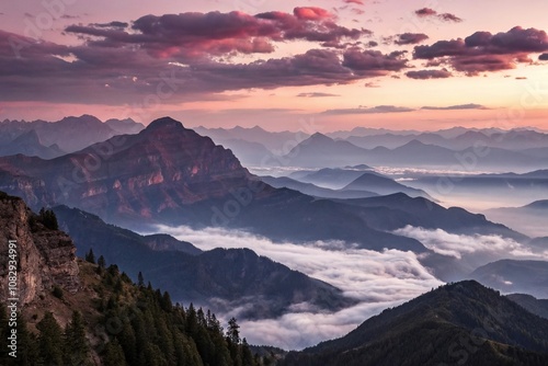 A majestic mountain range at dawn, with misty clouds and a maroon-colored sunrise, dawn, terrain