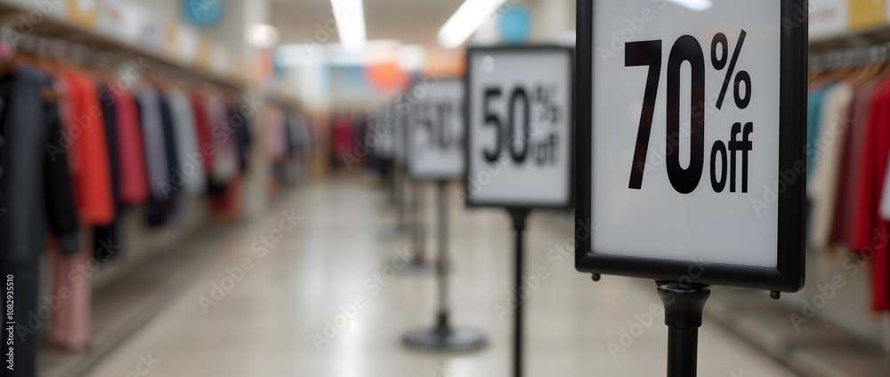 A bold '70% off' sign dominates the foreground, drawing attention to the clothing racks that stretch into the blurred background of the store A bold '70% off' sign dominates the foreground, drawing attention to the clothing racks that stretch into the blurred background of the store