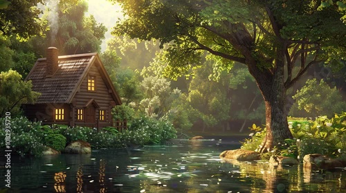 Wooden house nestled above lush forest trees on hillside under bright sky
Seamless looping 4k time-lapse virtual video animation Generated AI
