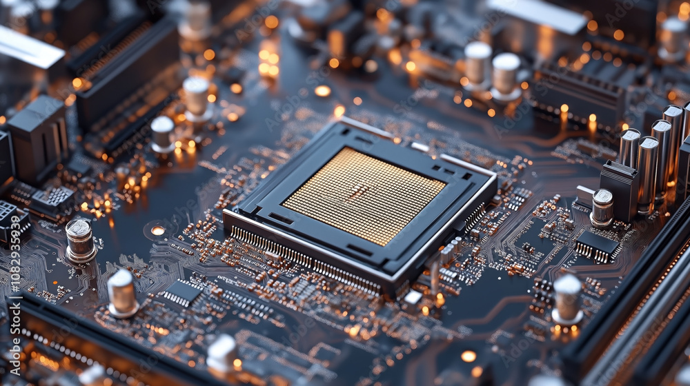Close-up view of a computer motherboard with central processing unit socket and electronic components visible, showcasing intricate circuitry and design in a technological setting. Close-up view of a computer motherboard with central processing unit socket and electronic components visible, showcasing intricate circuitry and design in a technological setting.