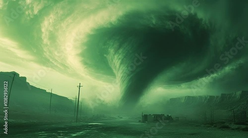Massive tornado sweeping through rural land beneath dark stormy sky on gloomy day
Seamless looping 4k time-lapse virtual video animation Generated AI
