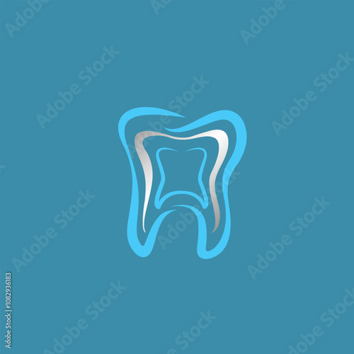 Tooth logo for dental, oral care, health and cosmetic product brand. Organic style eco friendly dentist icon. Stomatology sign isolated on blue background. Endodontic root canal treatment.