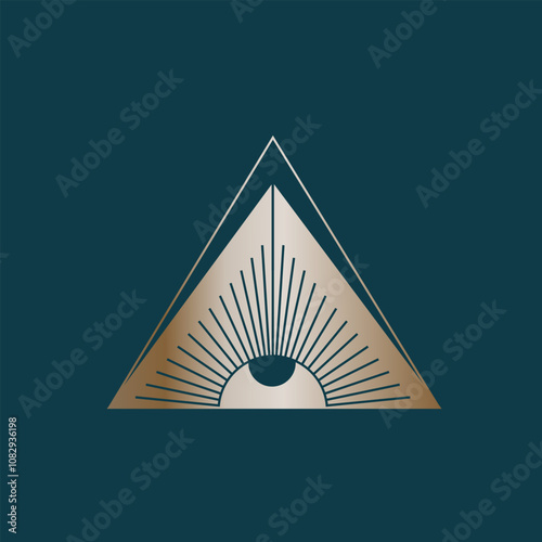 Eye, triangle sacred geometry logo emblem. Modern, geometric, spa style gold icon isolated on dark fund. Deco design lines, shiny star sun rays night alchemy symbol.