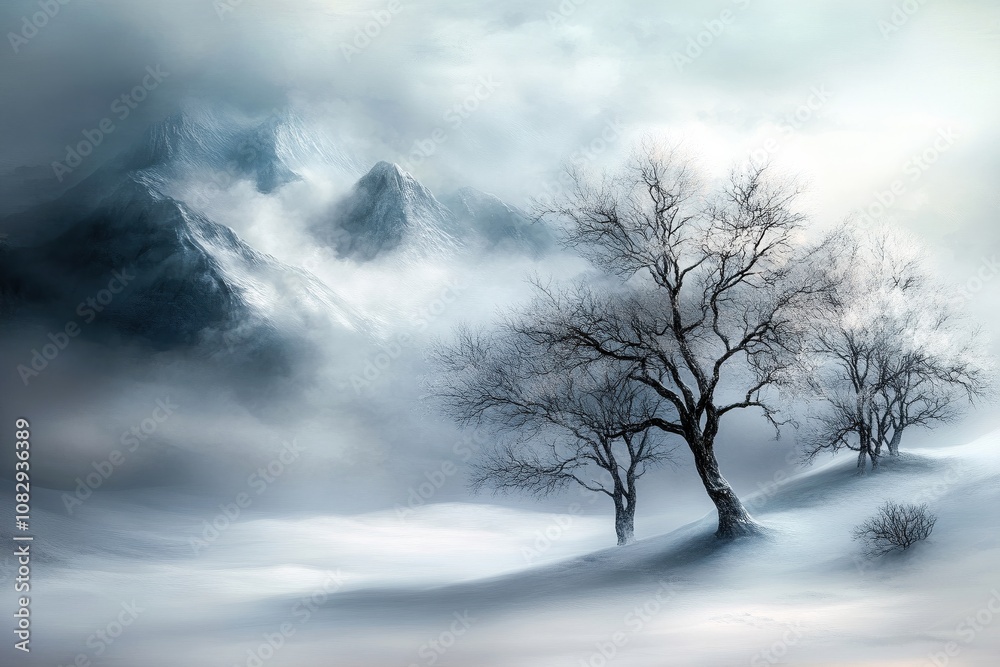 A foggy winter landscape with bare trees, snow-covered mountains, and mist drifting over the snowy ground under a cloudy sky. A foggy winter landscape with bare trees, snow-covered mountains, and mist drifting over the snowy ground under a cloudy sky.