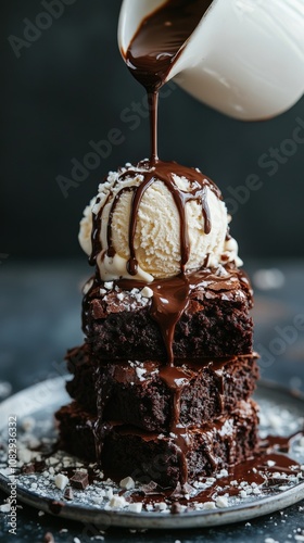 Decadent dessert tower with brownies and ice cream drizzled with chocolate sauce