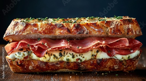 Freshly made sandwich with ham and creamy spread on artisan bread in a dimly ...