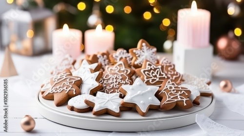 A tempting platter of intricately decorated Christmas cookies sits by lit candles, conjuring warmth and holiday spirit.