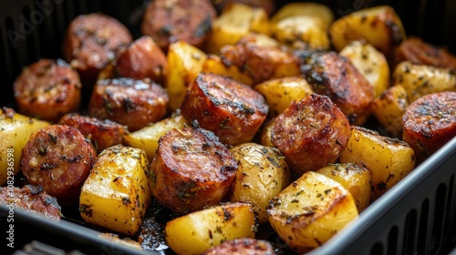 Grilled sausage and potatoes with herbs prepared on an outdoor barbecue grill...