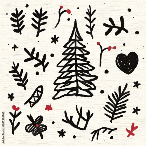Hand-drawn Christmas elements with a tree, leaves, stars, hearts, and berries.