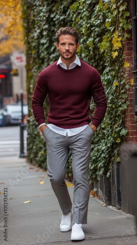 Man in a maroon sweater and gray trousers walking confidently along an ivy co...