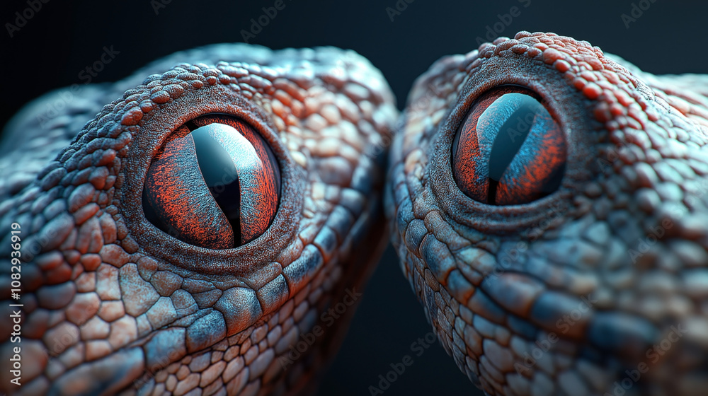 Obraz premium Close-up of the eyes of two reptiles with textured scales and vibrant reflective surfaces, showing intricate detail and rich colors in a macro perspective.