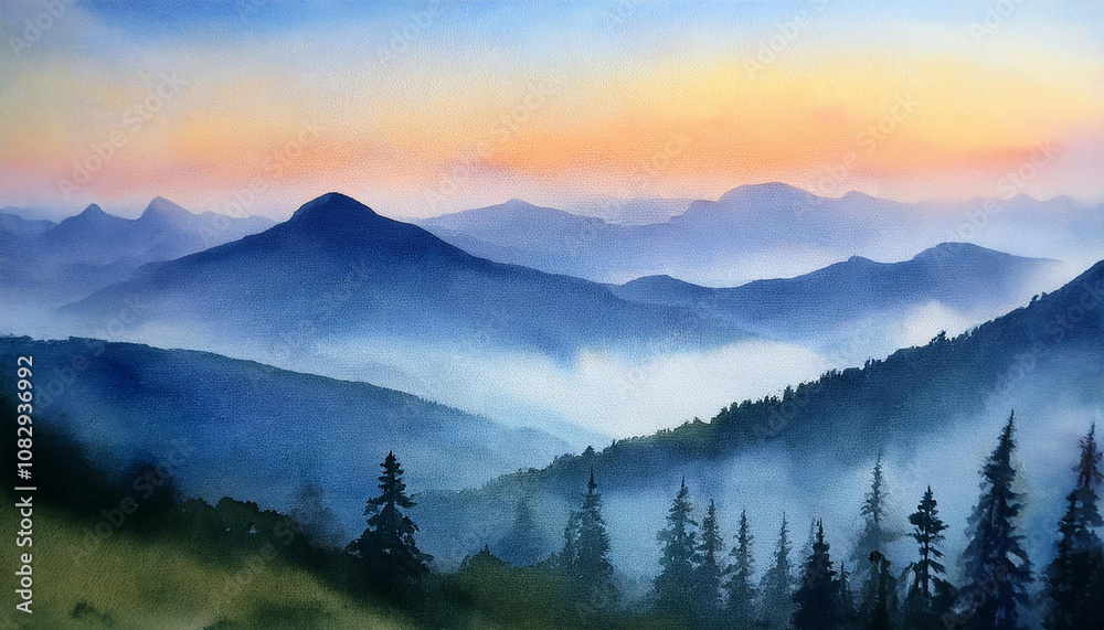 Watercolor painting of breathtaking mountain range in mist. Hand drawn art. Natural landscape. Watercolor painting of breathtaking mountain range in mist. Hand drawn art. Natural landscape.