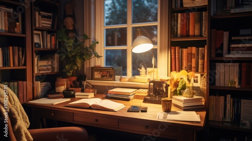 Wallpaper Mural Cozy home office filled with books, papers, and a warm lamp light, creating an inviting, intellectual atmosphere for work or study. Torontodigital.ca
