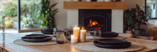 Elegant dining setup with candles and black tableware during sunset indoors