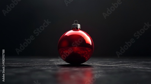 A shiny red Christmas ornament resting on a dark surface ready for festive de...