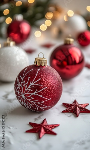 Festive red ornament surrounded by holiday decorations and snowflakes on a wi...