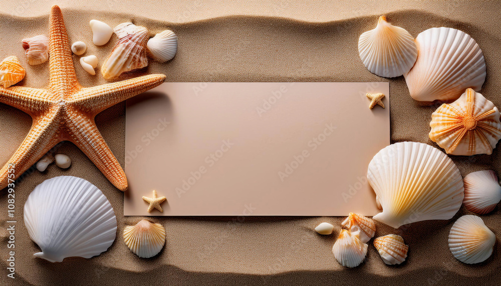 A blank white card is surrounded by seashells and starfish on the sand creating a beach-themed composition. A blank white card is surrounded by seashells and starfish on the sand creating a beach-themed composition.