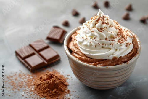 Rich Chocolate Mousse with Whipped Cream and Cocoa Dusting – Creamy and Indulgent Dessert on Rustic Background

 photo