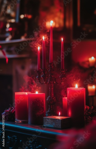 Elegant candle arrangement in dark red for a warm evening gathering ambiance